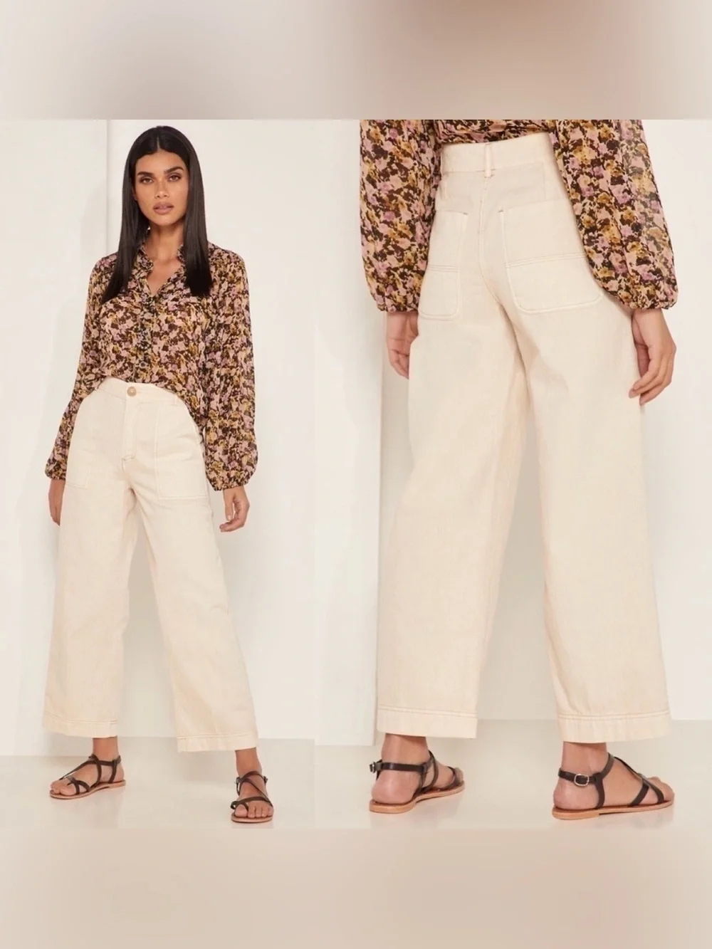 Free People Sunday Skies Herringbone Wide Leg Ankle Length Pants Size 8